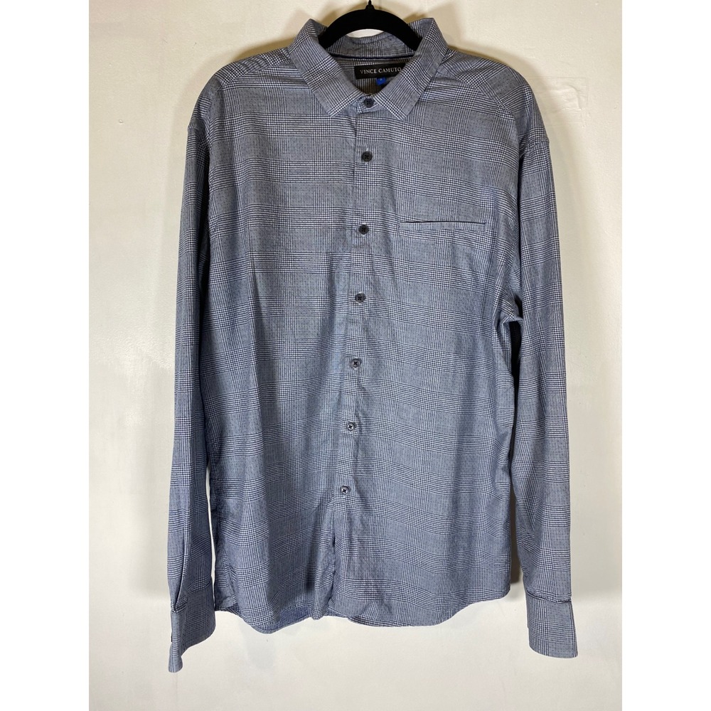 Vince Camuto L Glen Plaid Button Up Shirt Blue Gray Long Sleeve Office Classic
